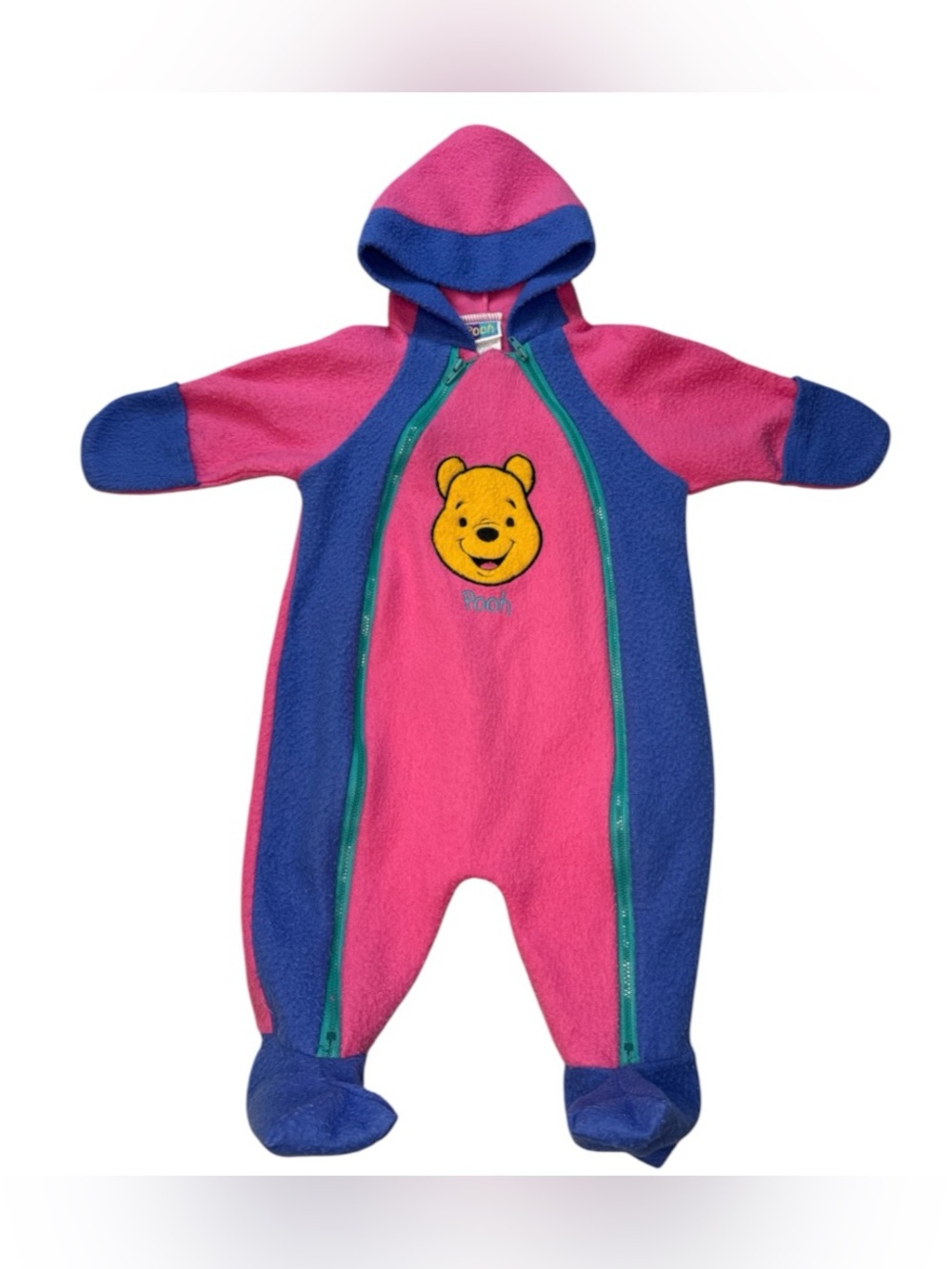 Vintage Winnie the Pooh Color Block Fleece Footed One-Piece with Hood